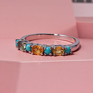 D'Joy Premium Multi Sapphire and Sleeping Beauty Turquoise 1.00 ctw Vivid Skyline Ring in Rhodium Over Sterling Silver (Size 8.0)