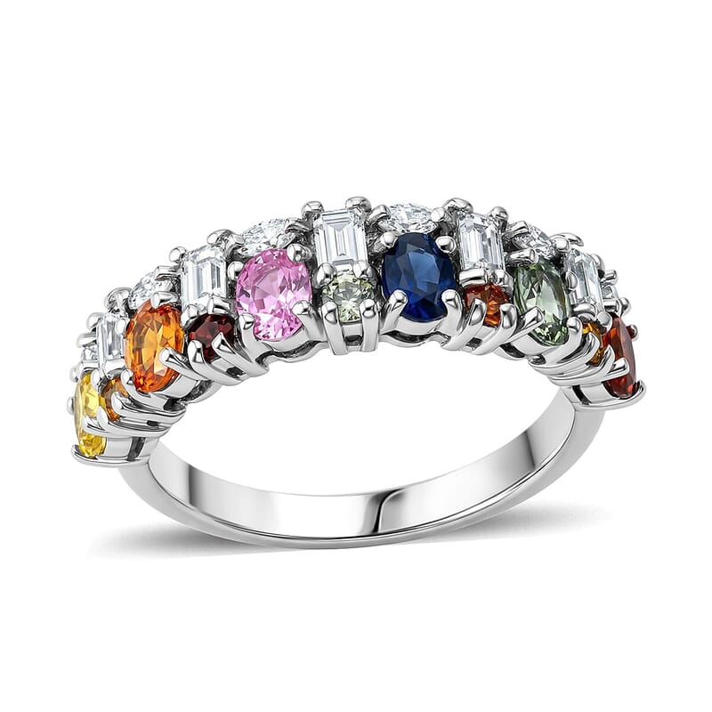 D'Joy Premium Multi Sapphire and Moissanite 2.00 ctw Color & Light Fusion Ring in Rhodium Over Sterling Silver (Size 10.0)