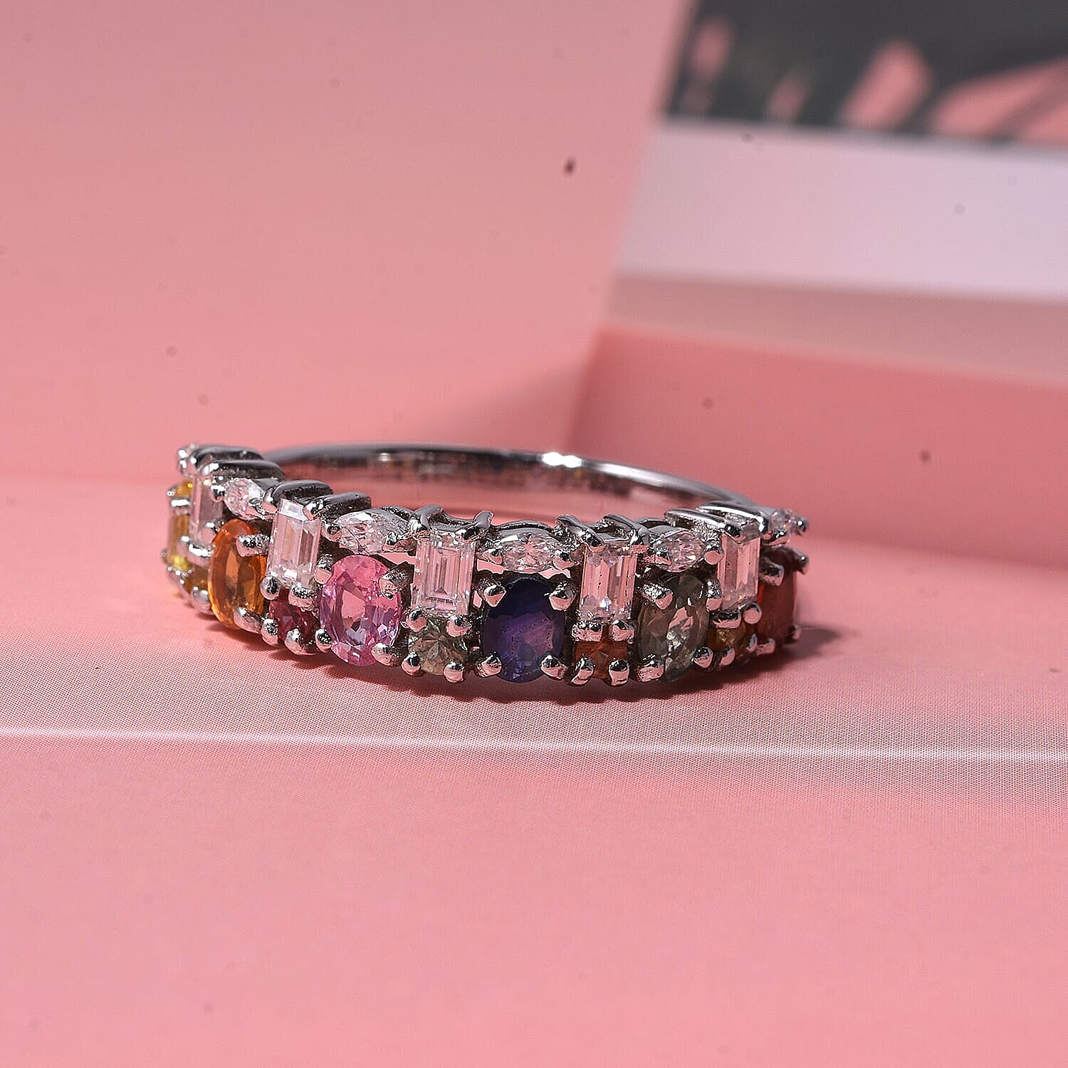 D'Joy Premium Multi Sapphire and Moissanite 2.00 ctw Color & Light Fusion Ring in Rhodium Over Sterling Silver (Size 10.0)