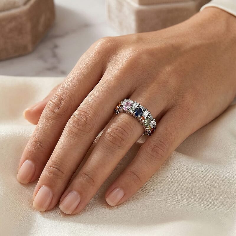 D'Joy Premium Multi Sapphire and Moissanite 2.00 ctw Color & Light Fusion Ring in Rhodium Over Sterling Silver (Size 10.0)