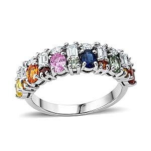 D'Joy Premium Multi Sapphire and Moissanite 2.00 ctw Color & Light Fusion Ring in Rhodium Over Sterling Silver (Size 6.0)
