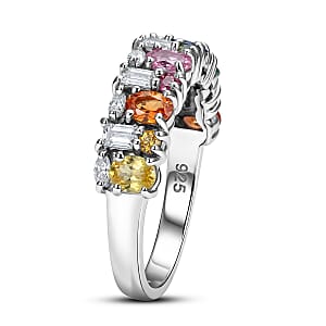 D'Joy Premium Multi Sapphire and Moissanite 2.00 ctw Color & Light Fusion Ring in Rhodium Over Sterling Silver (Size 7.0)