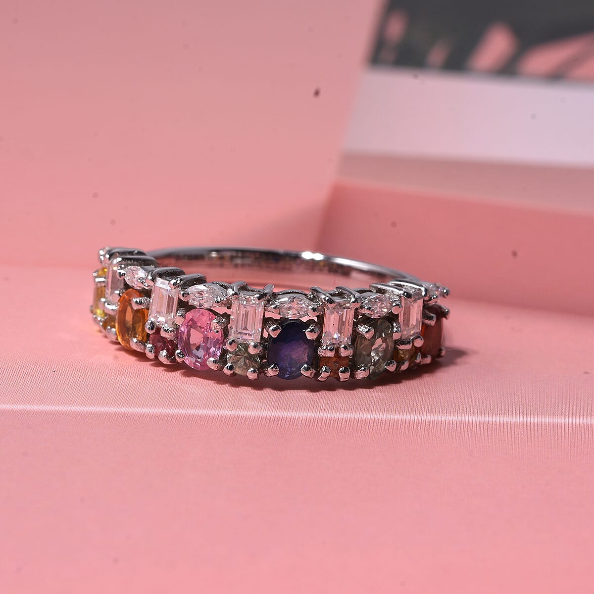 D'Joy Premium Multi Sapphire and Moissanite 2.00 ctw Color & Light Fusion Ring in Rhodium Over Sterling Silver (Size 9.0) image number 1