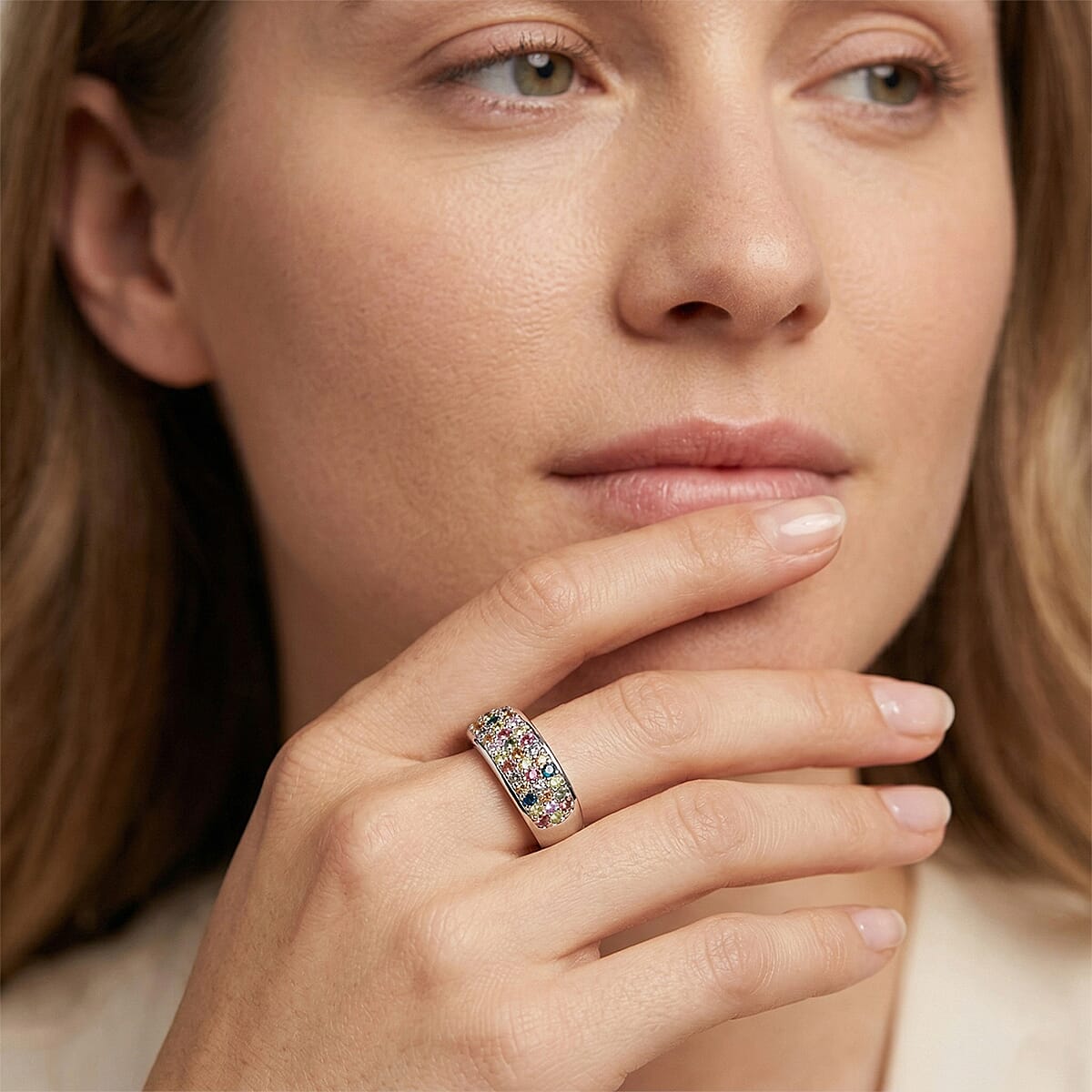 D'Joy Premium Multi Sapphire 0.75 ctw Multi Color Band Ring in Rhodium Over Sterling Silver (Size 8.0) image number 2