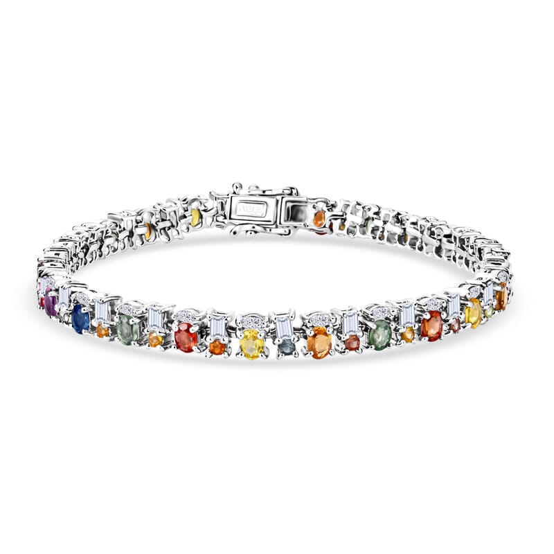 D'Joy Multi Sapphire and Moissanite 7.10 ctw Color & Light Fusion Bracelet in Rhodium Over Sterling Silver (6.50 In)