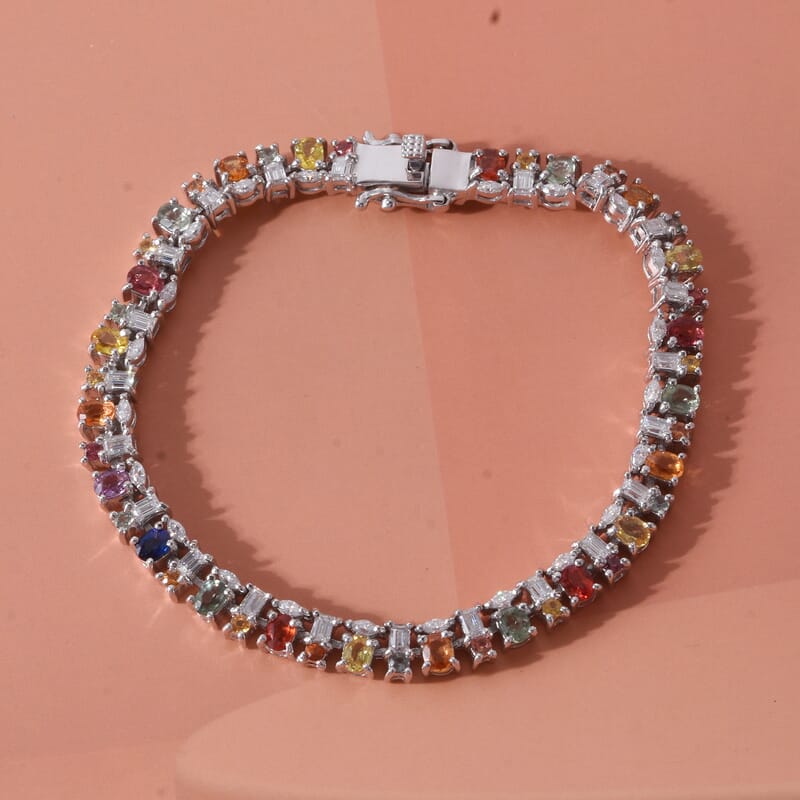 D'Joy Multi Sapphire and Moissanite 7.10 ctw Color & Light Fusion Bracelet in Rhodium Over Sterling Silver (6.50 In)