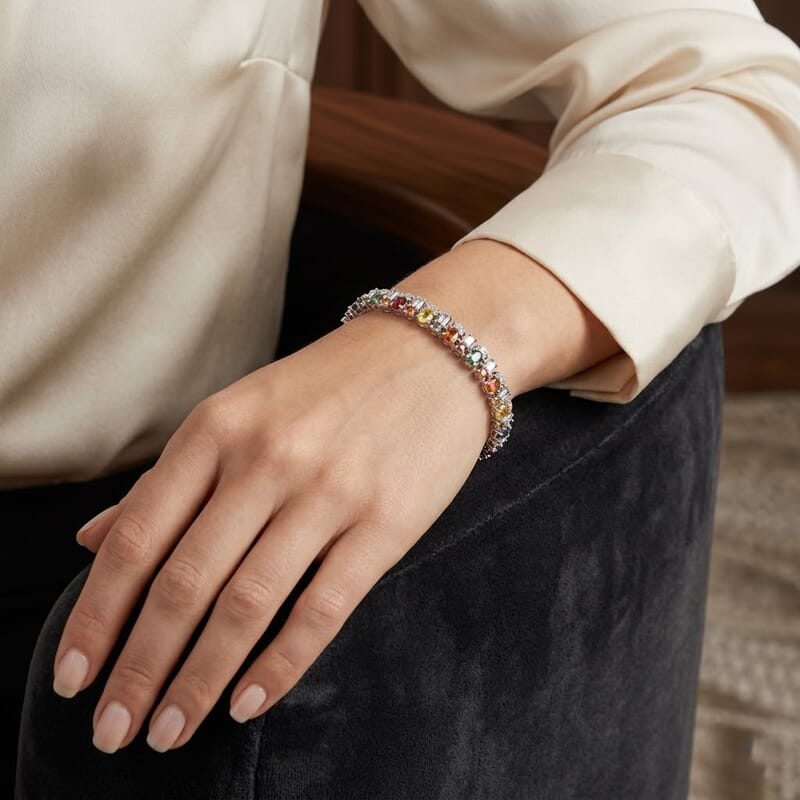D'Joy Multi Sapphire and Moissanite 7.10 ctw Color & Light Fusion Bracelet in Rhodium Over Sterling Silver (6.50 In)