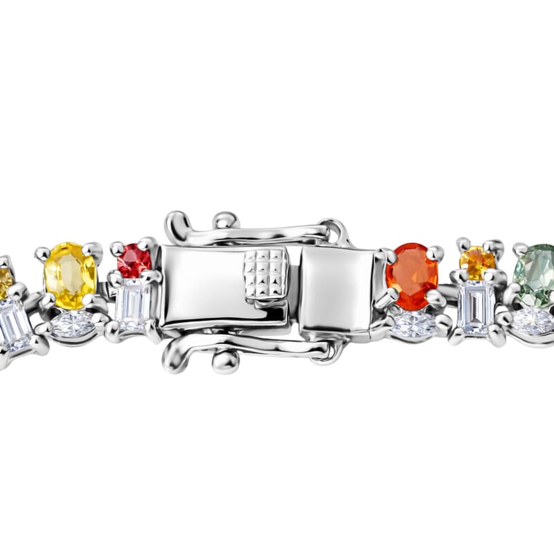 D'Joy Multi Sapphire and Moissanite 7.10 ctw Color & Light Fusion Bracelet in Rhodium Over Sterling Silver (6.50 In)