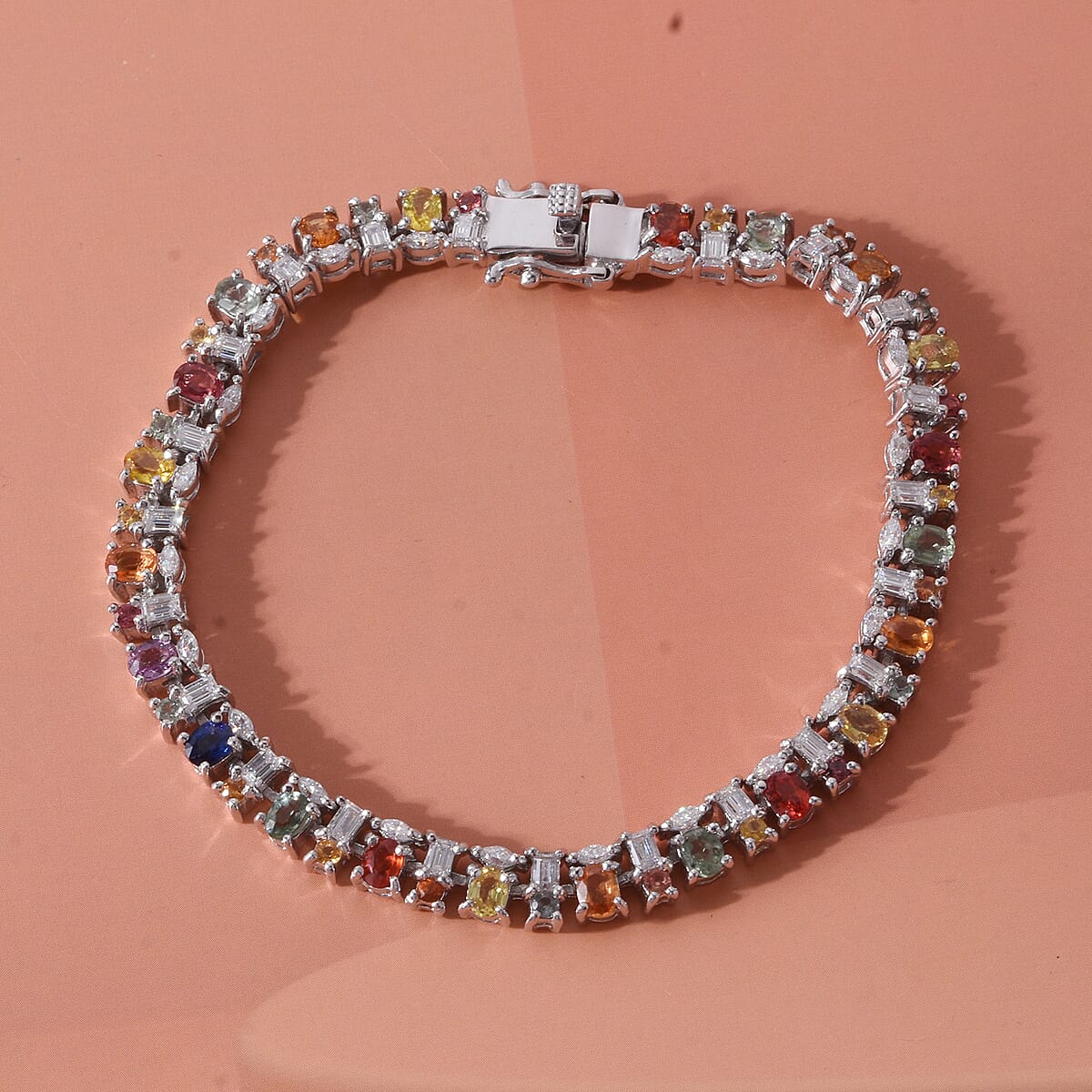 D'Joy Multi Sapphire and Moissanite 9.00 ctw Color & Light Fusion Bracelet in Rhodium Over Sterling Silver (8.00 In) image number 1