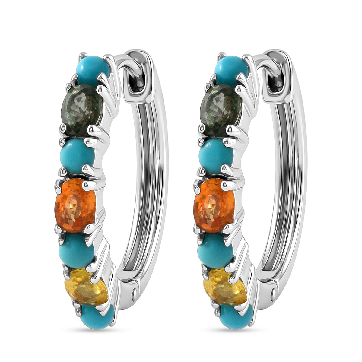 D'Joy Premium Multi Sapphire and Sleeping Beauty Turquoise 2.00 ctw Vivid Skyline Earrings in Rhodium Over Sterling Silver
