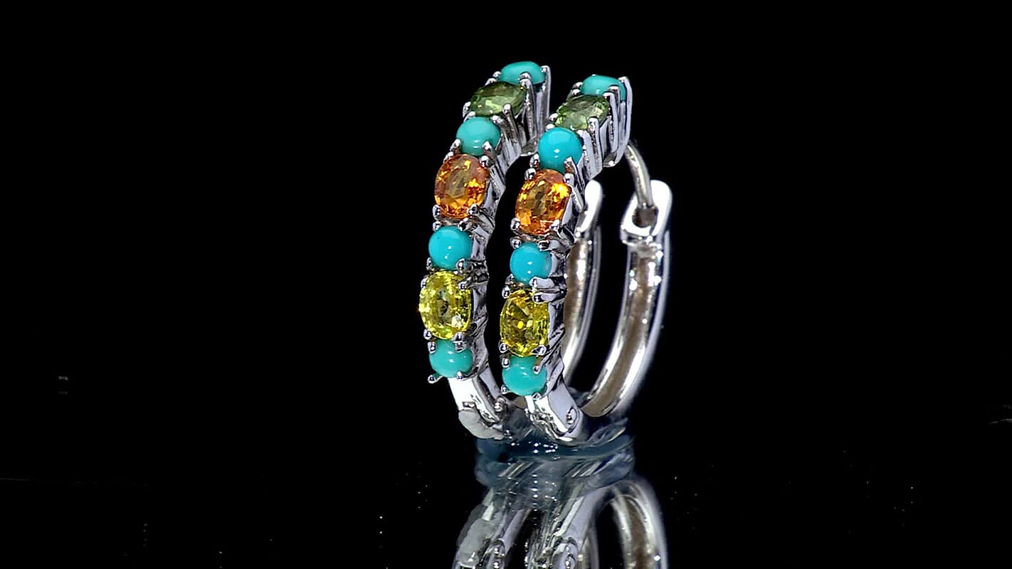 D'Joy Premium Multi Sapphire and Sleeping Beauty Turquoise 2.00 ctw Vivid Skyline Earrings in Rhodium Over Sterling Silver