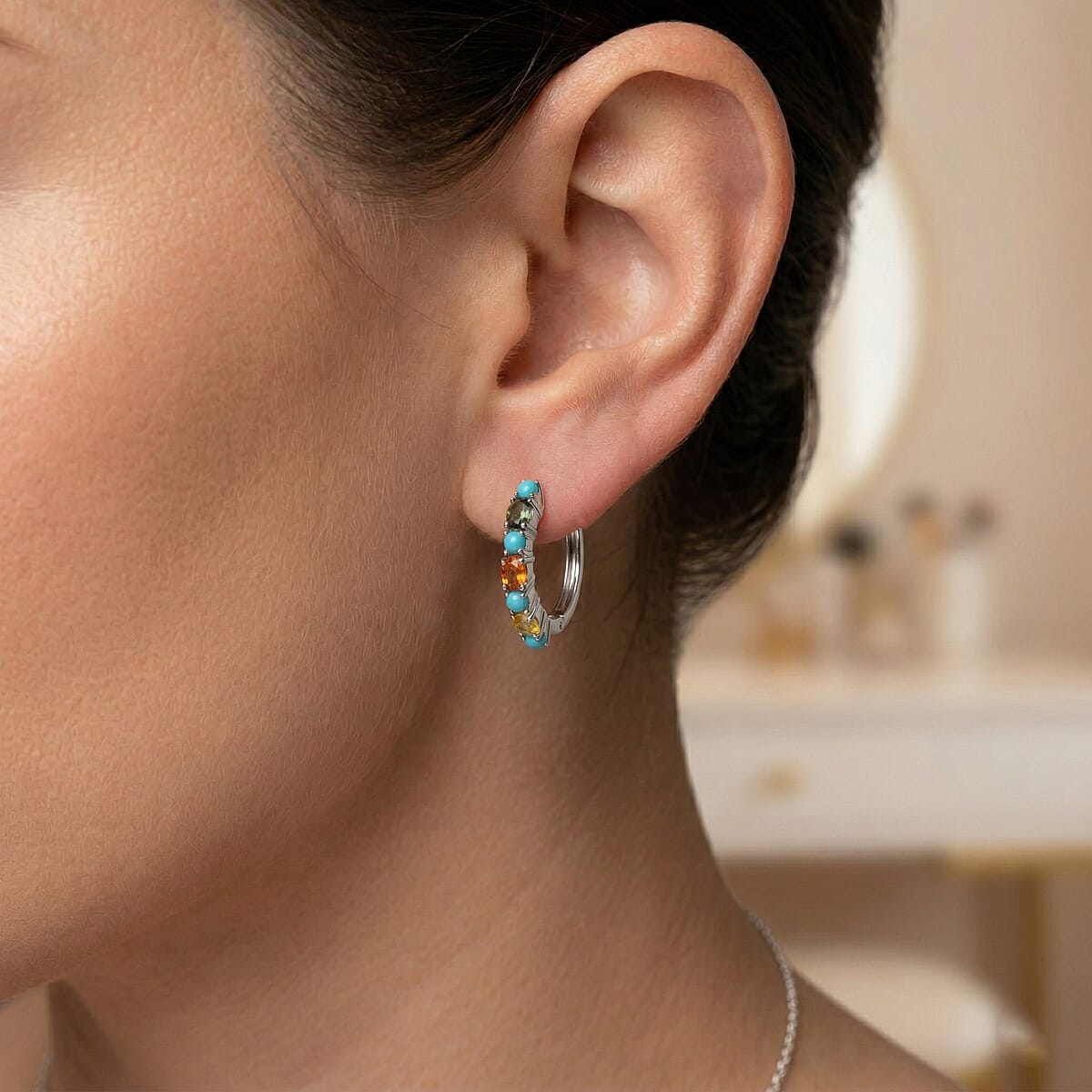 D'Joy Premium Multi Sapphire and Sleeping Beauty Turquoise 2.00 ctw Vivid Skyline Earrings in Rhodium Over Sterling Silver image number 2