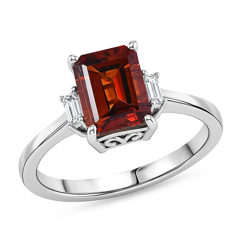 D'Joy Premium Red Citrine and Moissanite 1.80 ctw Ring in Rhodium Over Sterling Silver (Size 10.0)