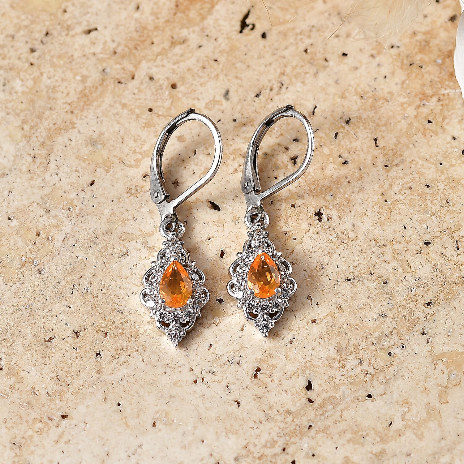 EverTrue Jalisco Fire Opal and White Zircon 1.30 ctw Earrings in Platinum Bond
