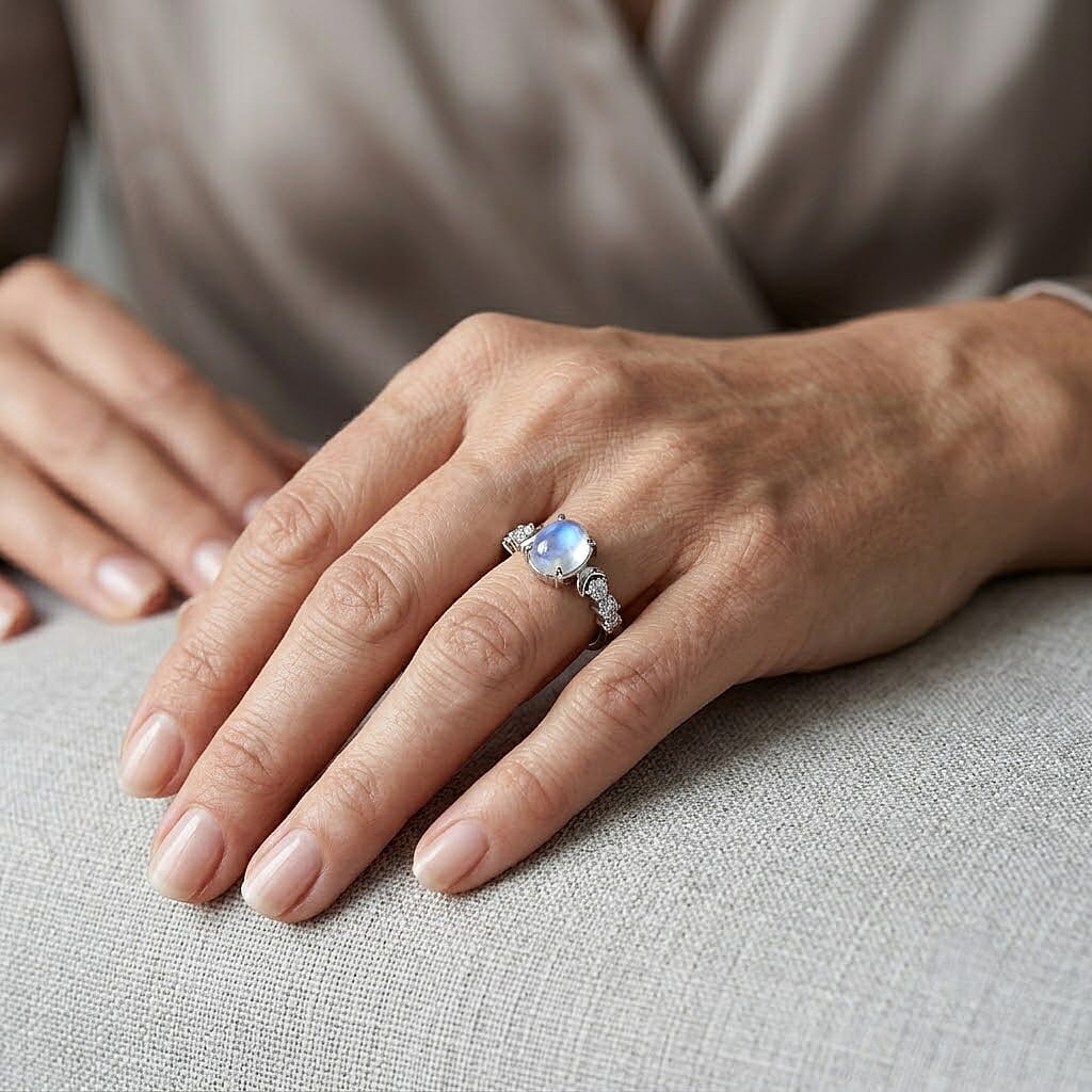 EverTrue Rainbow Moonstone and Moissanite 3.90 ctw Ring in Platinum Bond (Size 7.0)