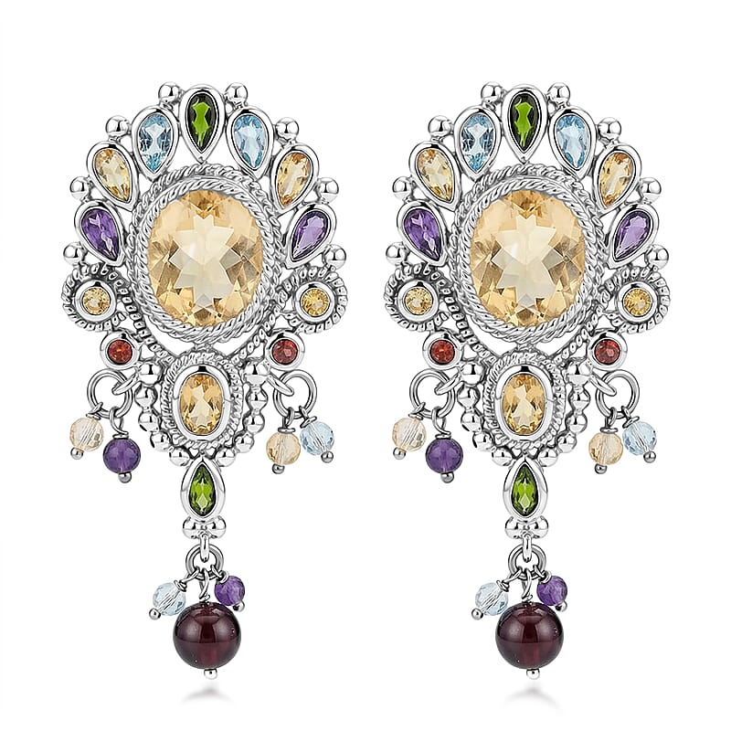 Brazilian Citrine and Multi Gemstone 11.00 ctw Dangling Earrings in Sterling Silver