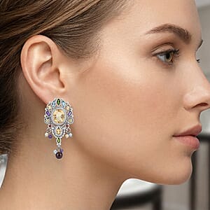 Brazilian Citrine and Multi Gemstone 11.00 ctw Dangling Earrings in Sterling Silver