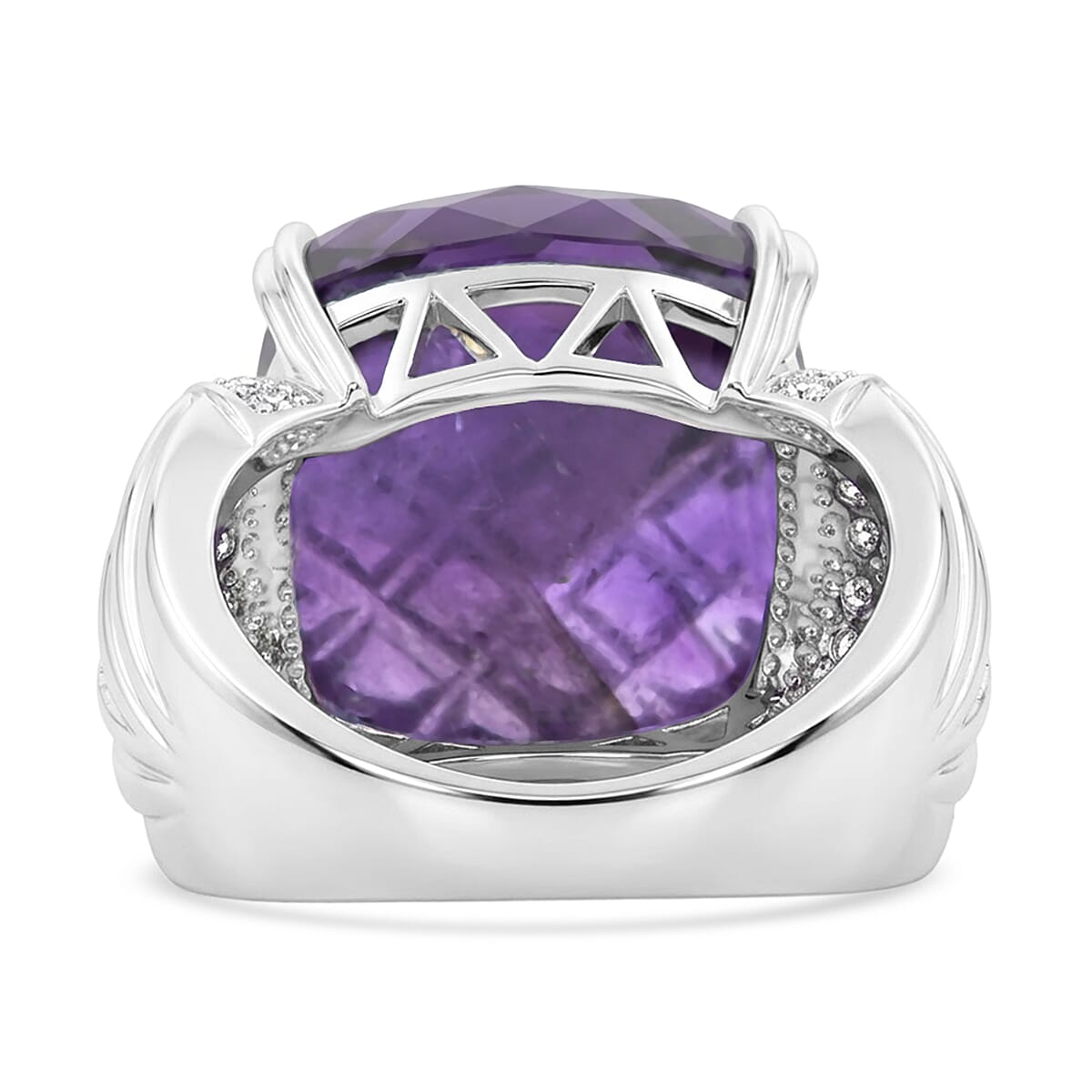 Checkerboard Cut Amethyst, White Topaz Ring in Sterling Silver (Size 10.0) 15.50 ctw image number 4