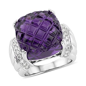 Checkerboard Cut Amethyst and White Topaz 15.50 ctw Ring in Sterling Silver (Size 5.0)