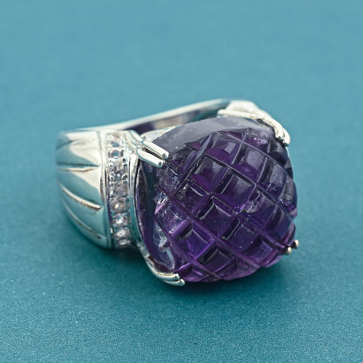 Checkerboard Cut Amethyst and White Topaz 15.50 ctw Ring in Sterling Silver (Size 5.0) image number 1