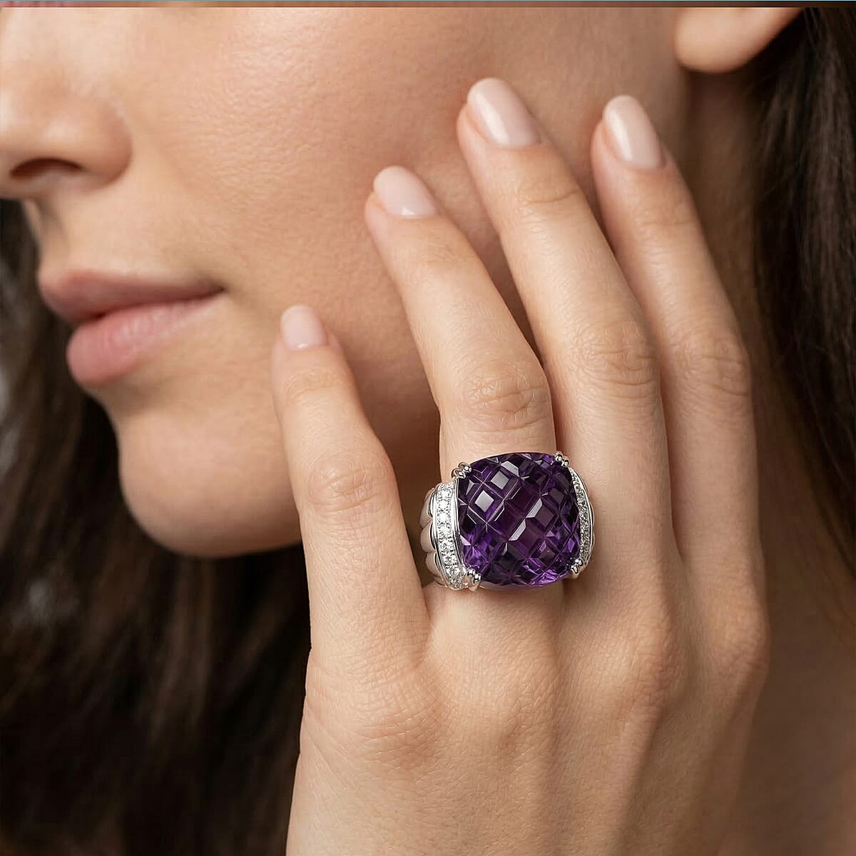 Checkerboard Cut Amethyst and White Topaz 15.50 ctw Ring in Sterling Silver (Size 5.0) image number 2