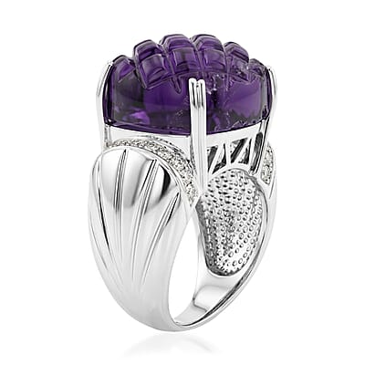 Checkerboard Cut Amethyst and White Topaz 15.50 ctw Ring in Sterling Silver (Size 6.0)