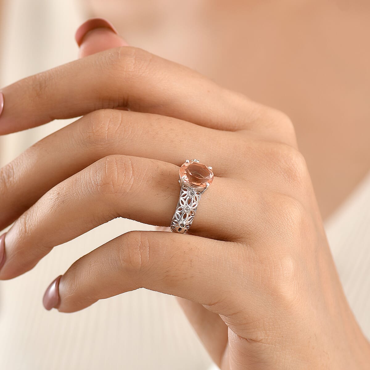 D'Joy Morganite Quartz, White Zircon Ring in Rhodium Over Sterling Silver (Size 6.0) 2.80 ctw image number 2