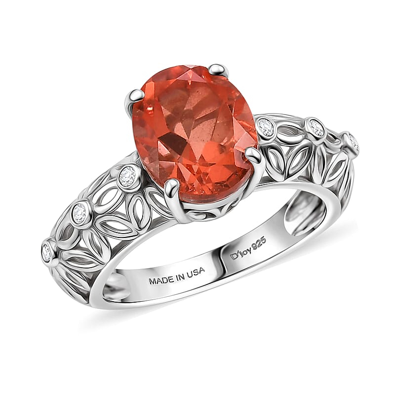 D'Joy Sunfire Orange Quartz (Triplet) and White Zircon 3.30 ctw Ring in Rhodium Over Sterling Silver (Size  8) 3.