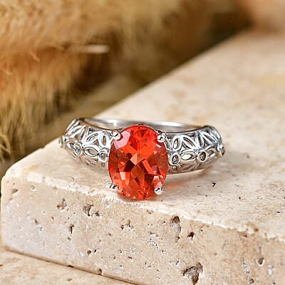D'Joy Sunfire Orange Quartz (Triplet) and White Zircon 3.30 ctw Ring in Rhodium Over Sterling Silver (Size  8) 3.