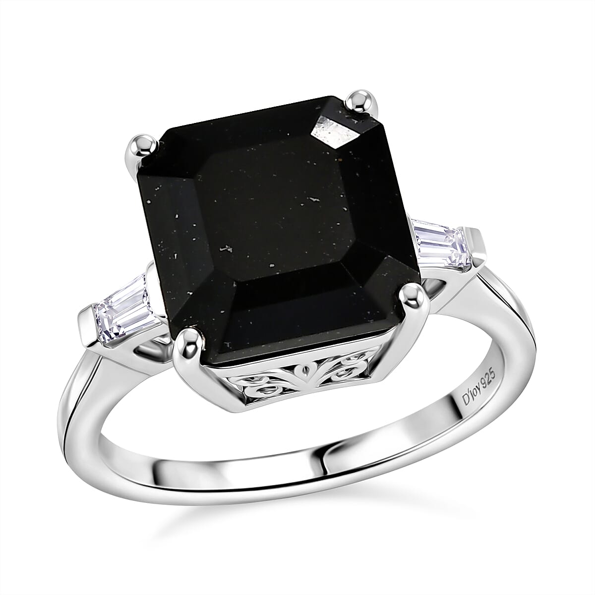 D'Joy Australian Black Tourmaline and White Topaz 5.70 ctw Ring in Rhodium Over Sterling Silver (Size 6.0)