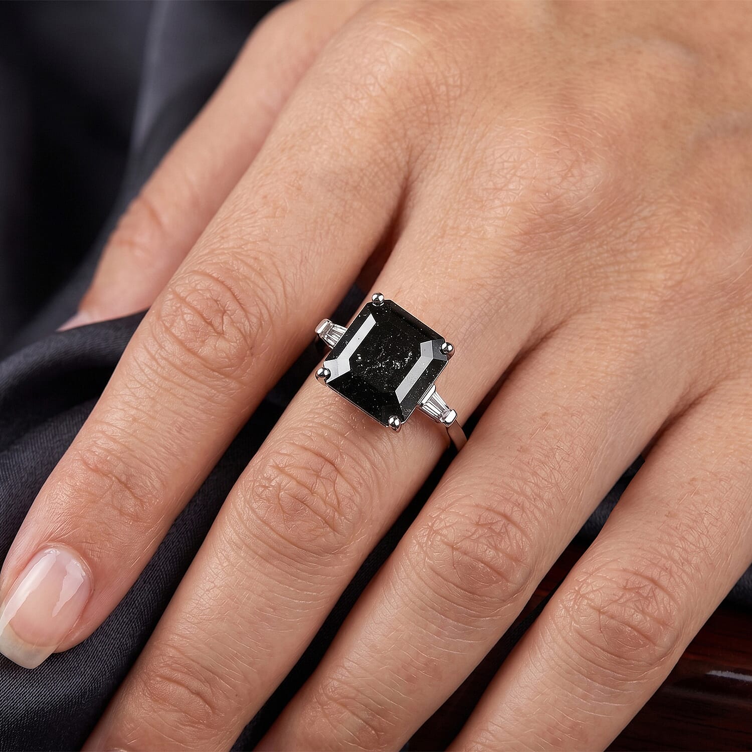 D'Joy Australian Black Tourmaline and White Topaz 5.70 ctw Ring in Rhodium Over Sterling Silver (Size 7.0)