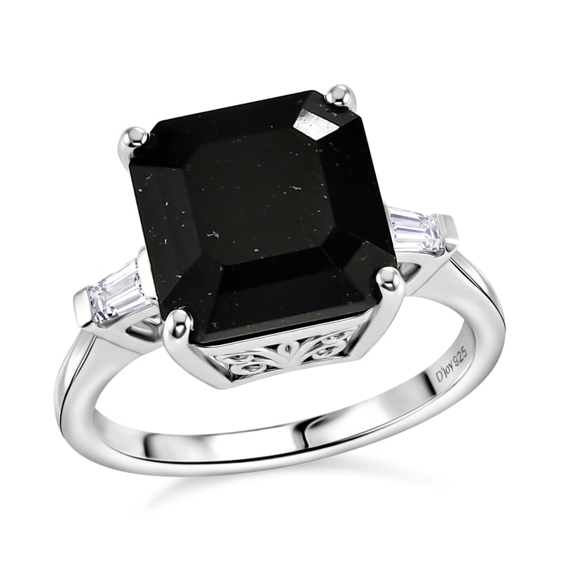 D'Joy Australian Black Tourmaline and White Topaz 5.70 ctw Ring in Rhodium Over Sterling Silver (Size 8.0)