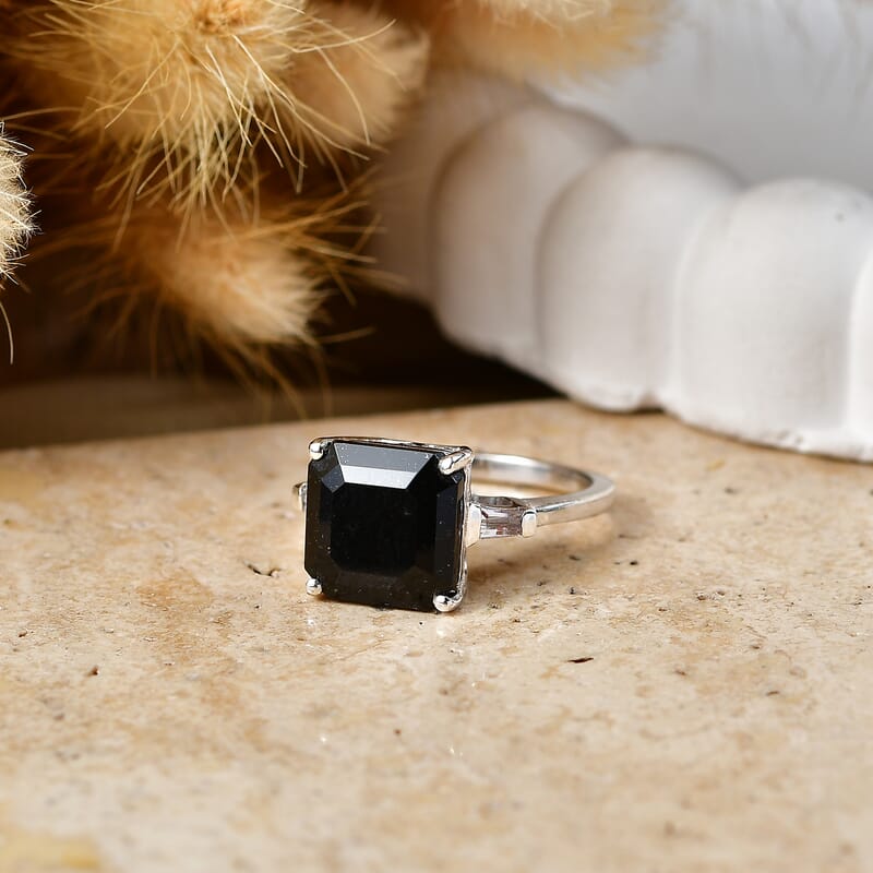 D'Joy Australian Black Tourmaline and White Topaz 5.70 ctw Ring in Rhodium Over Sterling Silver (Size 8.0)