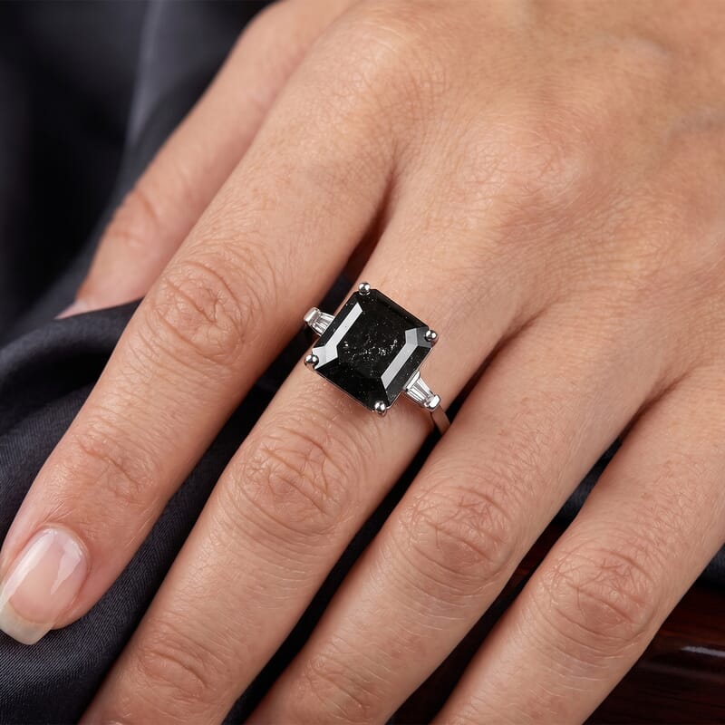 D'Joy Australian Black Tourmaline and White Topaz 5.70 ctw Ring in Rhodium Over Sterling Silver (Size 8.0)