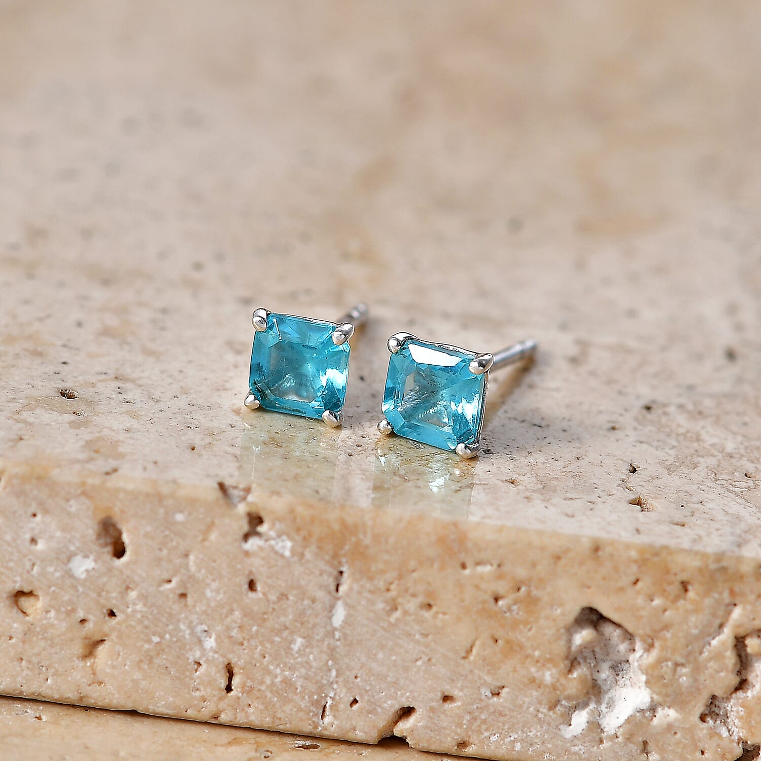 D'Joy Asscher Cut Blue Apatite 1.30 ctw Earrings in Rhodium Over Sterling Silver