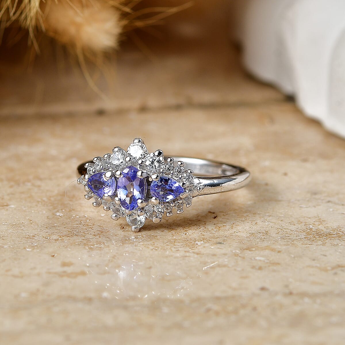 D'Joy Tanzanite and White Zircon 1.10 ctw Ring in Rhodium Over Sterling Silver (Size 7.0) image number 1