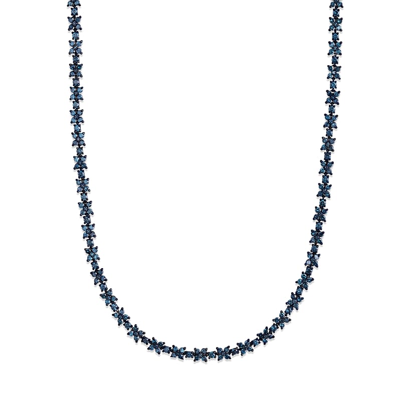 D'Joy Blue Diamond (IR) 4.15 ctw Blooming Flower Necklace (20 Inches) in Rhodium Over Sterling Silver