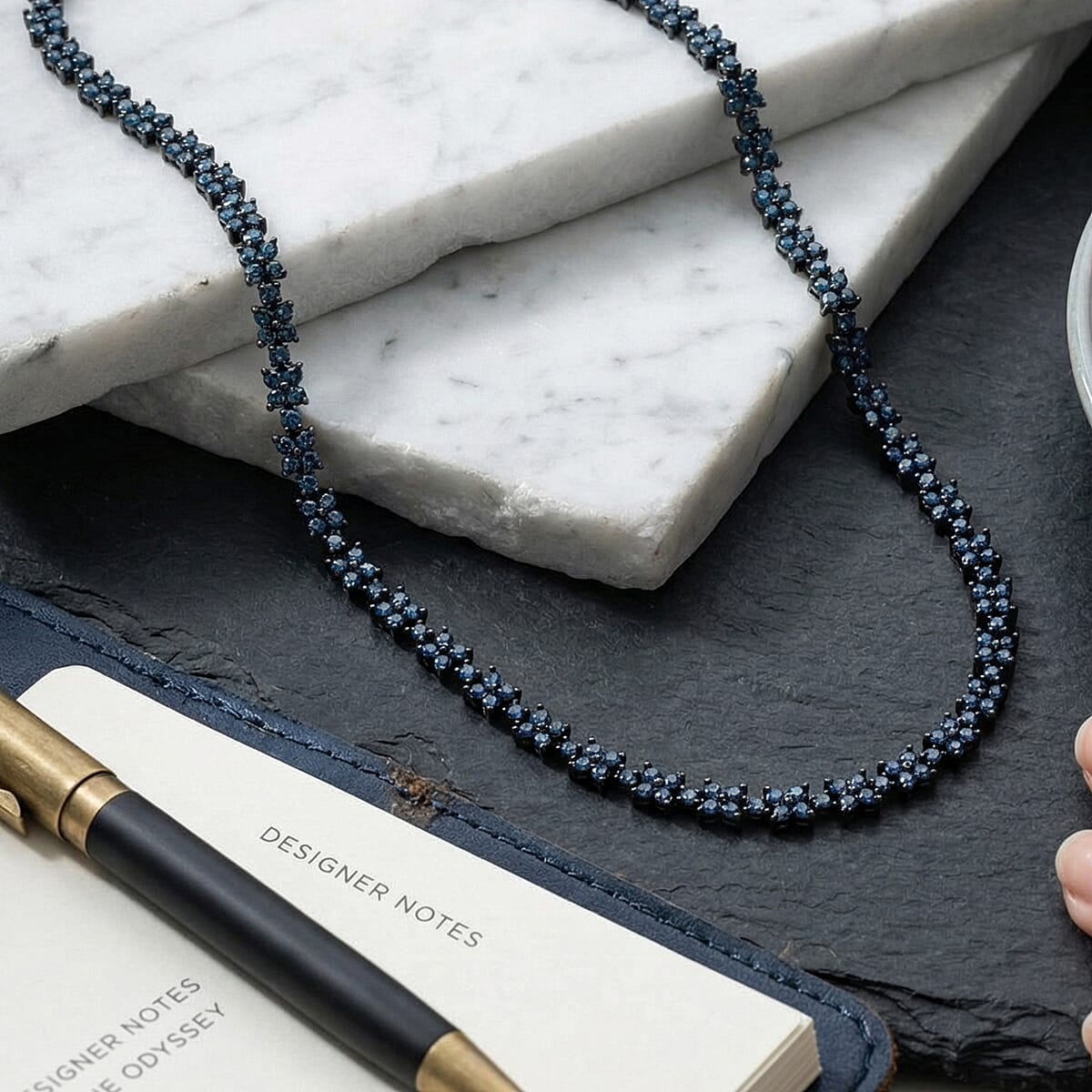 D'Joy Natural Blue Diamond 4.15 ctw Blooming Flower Necklace (20 Inches) in Rhodium Over Sterling Silver image number 1