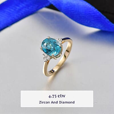 Luxoro AAAA Cambodian Blue Zircon and Diamond I2 4.75 ctw Ocean Light Ring in 10K Yellow Gold (Size 11.0)