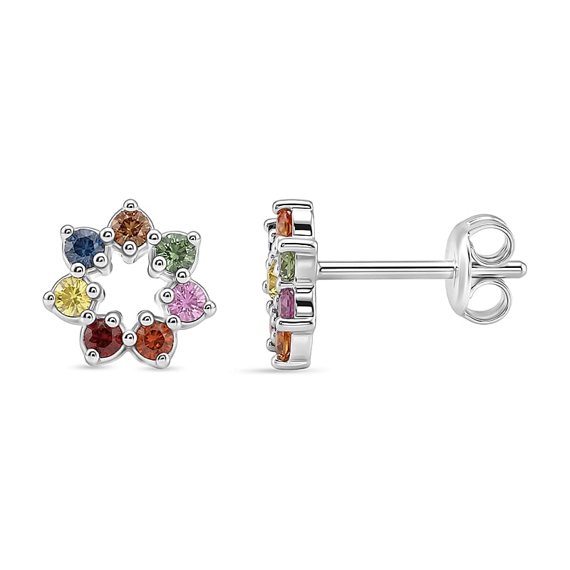 D'Joy Premium Multi Sapphire 0.85 ctw Rainbow Halo Stud Earrings in Rhodium Over Sterling Silver