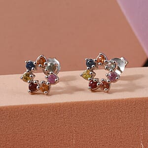 D'Joy Premium Multi Sapphire 0.85 ctw Rainbow Halo Stud Earrings in Rhodium Over Sterling Silver