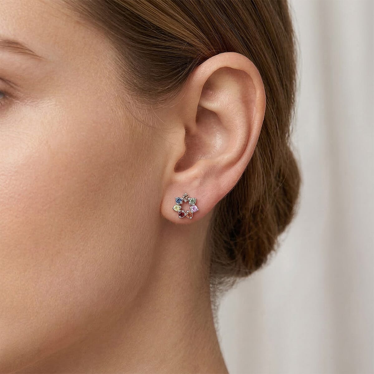 D'Joy Premium Multi Sapphire 0.85 ctw Rainbow Halo Stud Earrings in Rhodium Over Sterling Silver image number 2