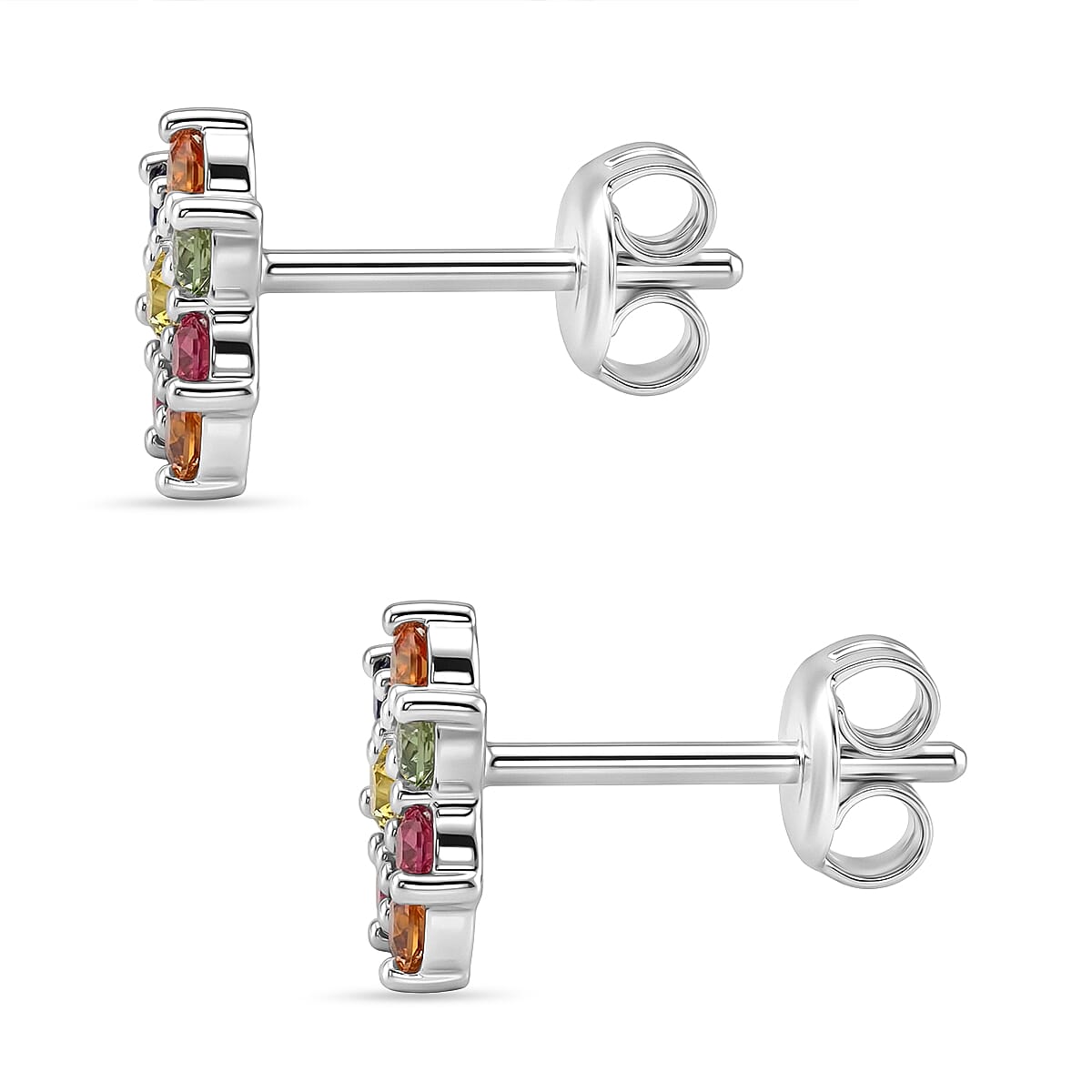 D'Joy Premium Multi Sapphire 0.85 ctw Rainbow Halo Stud Earrings in Rhodium Over Sterling Silver image number 3