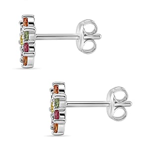 D'Joy Premium Multi Sapphire 0.85 ctw Rainbow Halo Stud Earrings in Rhodium Over Sterling Silver