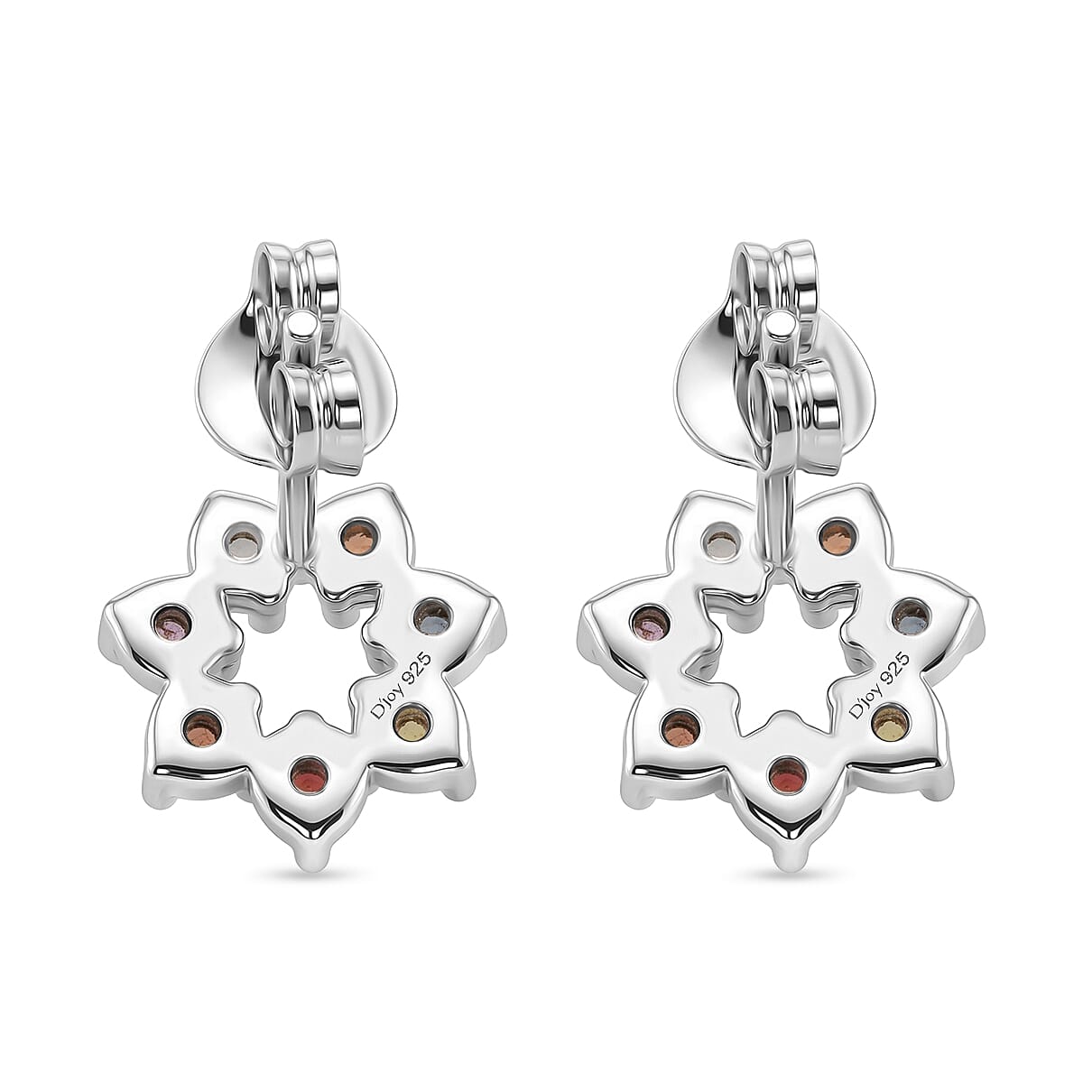 D'Joy Premium Multi Sapphire 0.85 ctw Rainbow Halo Stud Earrings in Rhodium Over Sterling Silver image number 4