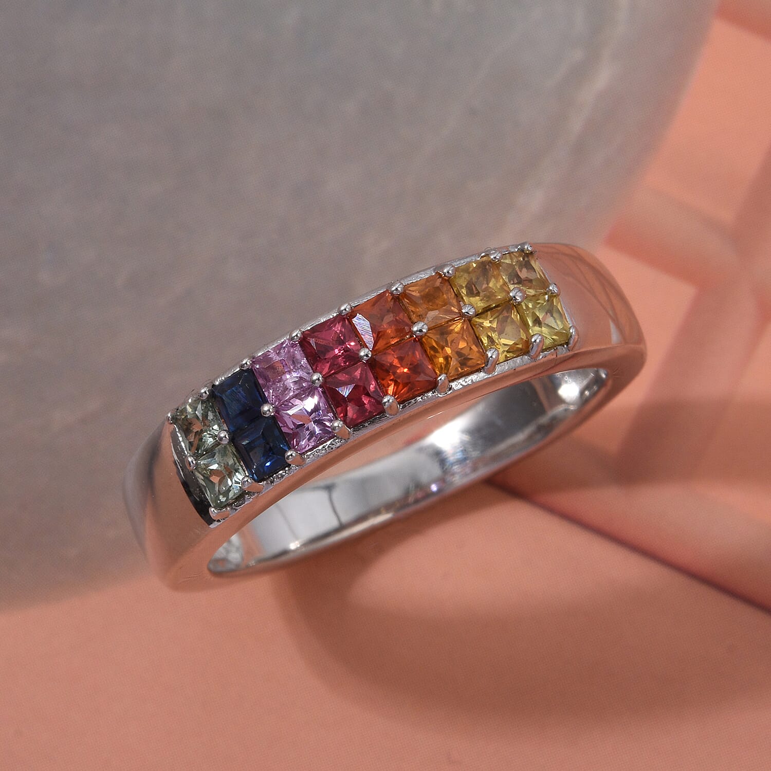 D'Joy Premium Multi Sapphire 1.20 ctw Color Stack Band Ring in Rhodium Over Sterling Silver (Size 10.0)