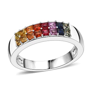 D'Joy Premium Multi Sapphire 1.20 ctw Color Stack Band Ring in Rhodium Over Sterling Silver (Size 8.0)