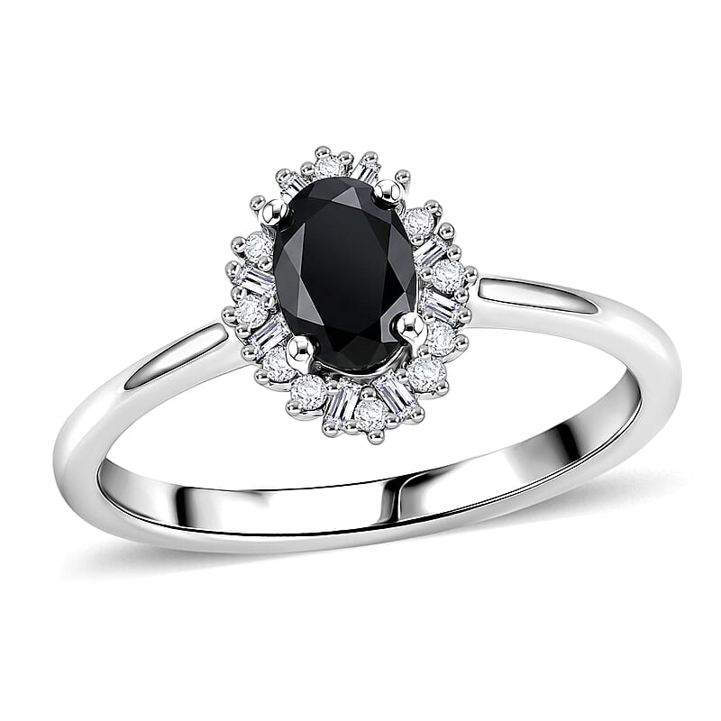 D'Joy Black Tourmaline and Diamond 0.60 ctw Ring in Rhodium Over Sterling Silver (Size 7.0)