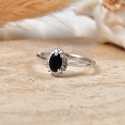 D'Joy Black Tourmaline and Diamond 0.60 ctw Ring in Rhodium Over Sterling Silver (Size 7.0)