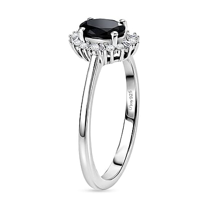 D'Joy Black Tourmaline and Diamond 0.60 ctw Ring in Rhodium Over Sterling Silver (Size 7.0)